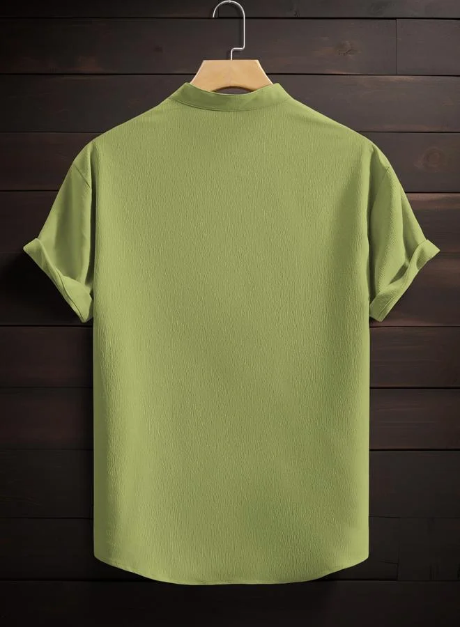 Take Two Men Green Mandarin Collar Short Sleeve Shirt